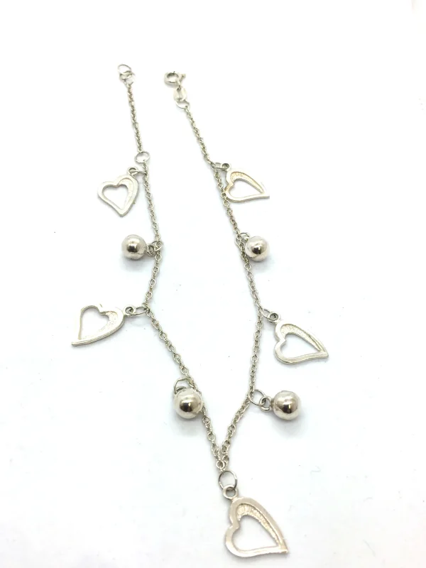 925 Sterling Silver Anklet With Silver Hearts & Beads