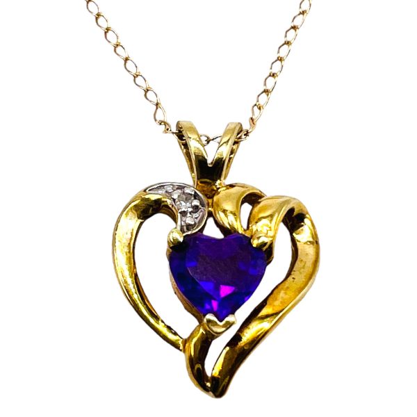 10k Gold Amethyst & Diamond Open Heart Pendant Necklace