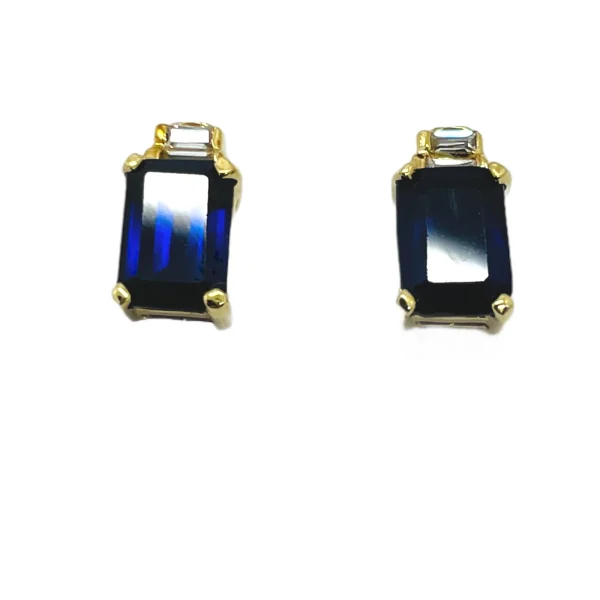 14k Solid Yellow Gold Emerald Cut Blue Sapphire & Diamond Stud Earrings