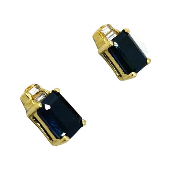 14k Solid Yellow Gold Emerald Cut Blue Sapphire & Diamond Stud Earrings - Image 2