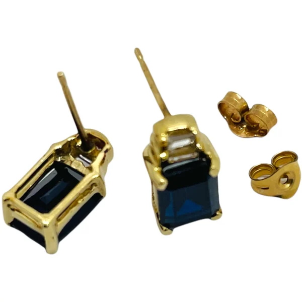 14k Solid Yellow Gold Emerald Cut Blue Sapphire & Diamond Stud Earrings - Image 5