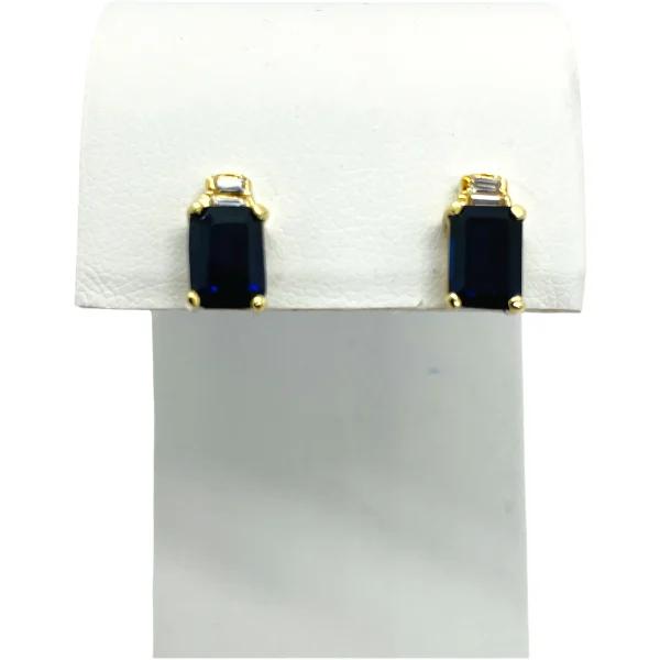 14k Solid Yellow Gold Emerald Cut Blue Sapphire & Diamond Stud Earrings - Image 6