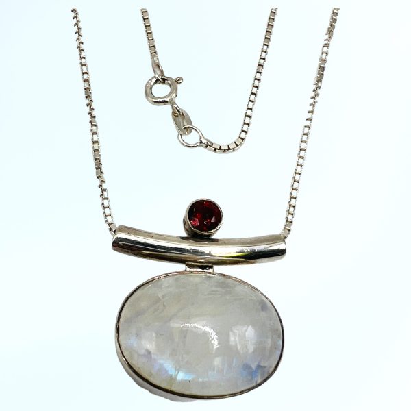 925 Sterling Silver Genuine Rainbow Moonstone SLIDE Pendant w/ garnet 16" Chain - Image 2