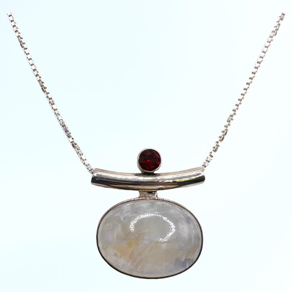 925 Sterling Silver Genuine Rainbow Moonstone SLIDE Pendant w/ garnet 16" Chain - Image 7