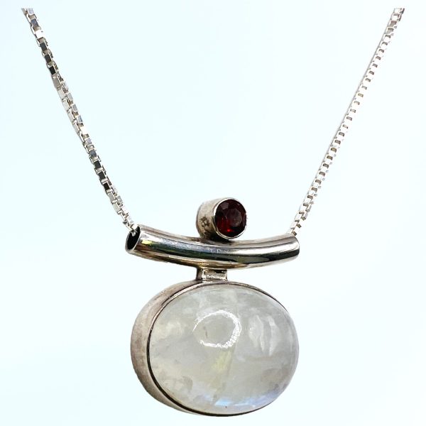 925 Sterling Silver Genuine Rainbow Moonstone SLIDE Pendant w/ garnet 16" Chain