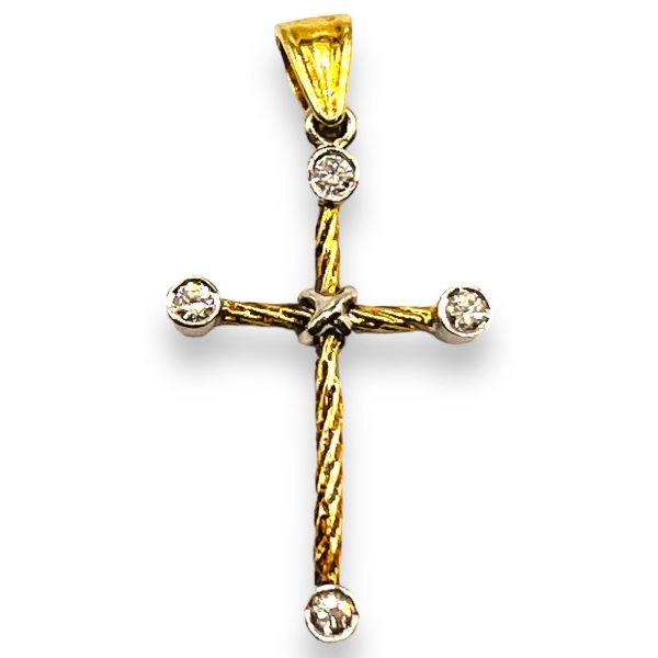 18K Solid Two-Tone Gold Cross Pendant with Diamonds