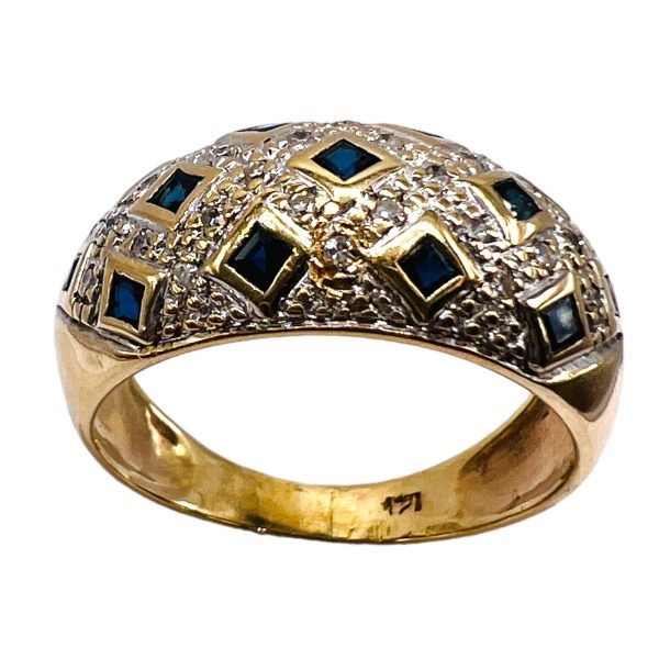 14k Solid Yellow Gold Sapphire & Diamond Dome Cocktail Ring