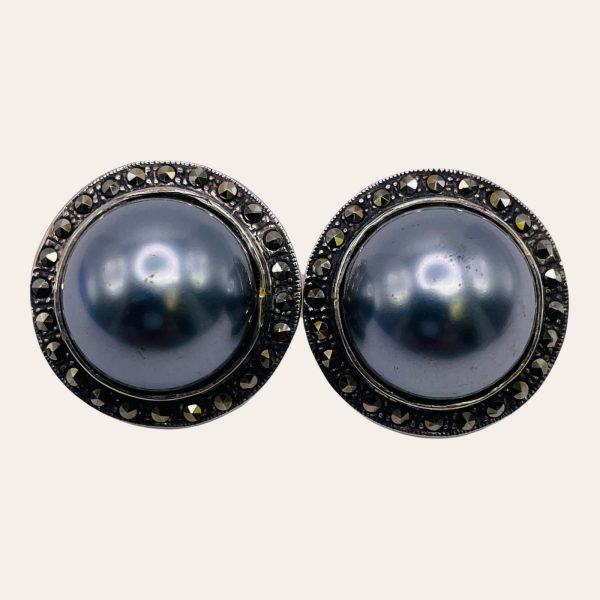 Sterling Silver Faux Grey Pearls w/Marcasite Post Earrings