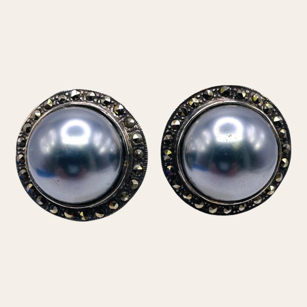 Sterling Silver Faux Grey Pearls w/Marcasite Post Earrings - Image 4