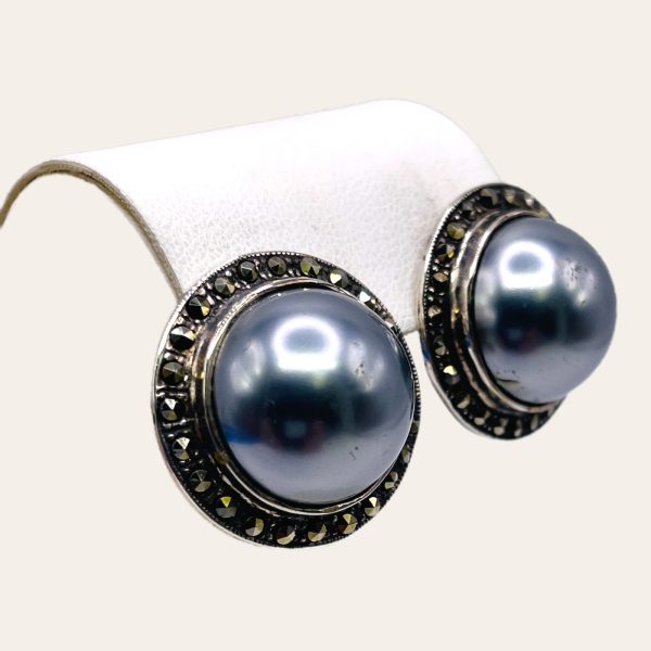 Sterling Silver Faux Grey Pearls w/Marcasite Post Earrings - Image 5