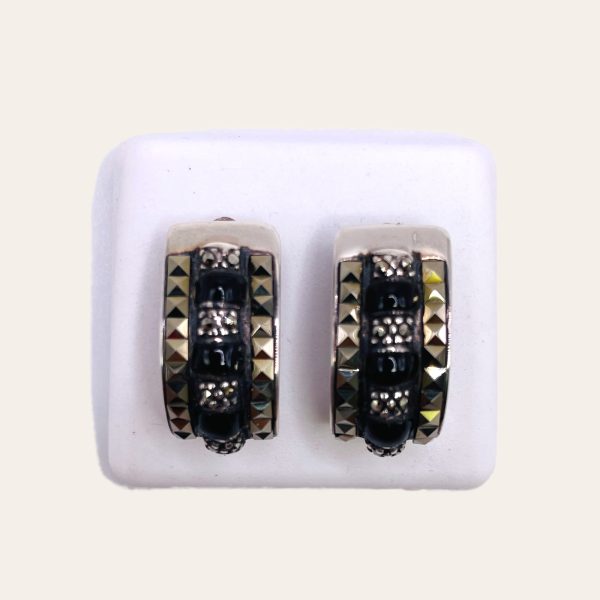 Sterling Silver Black Onyx Marcasite Post Earrings - Image 2