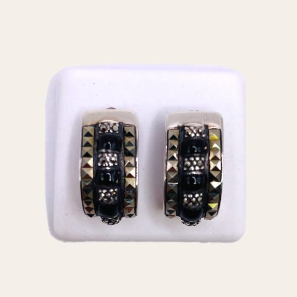 Sterling Silver Black Onyx Marcasite Post Earrings