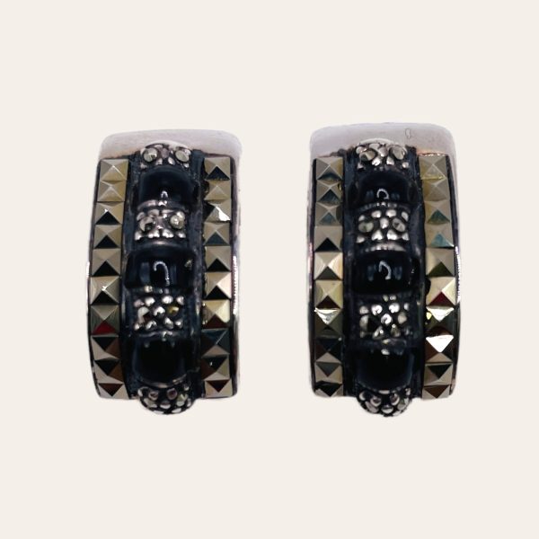 Sterling Silver Black Onyx Marcasite Post Earrings - Image 3