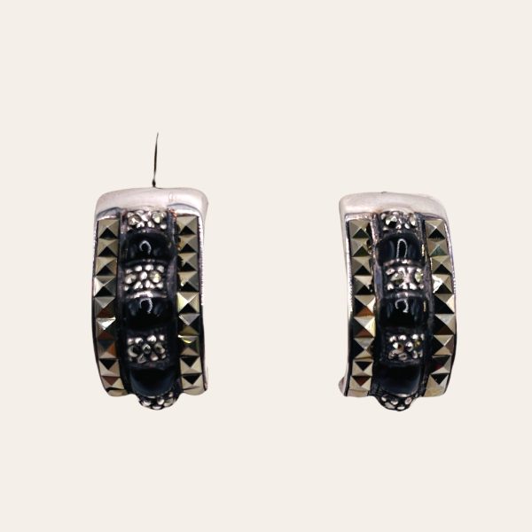 Sterling Silver Black Onyx Marcasite Post Earrings - Image 9