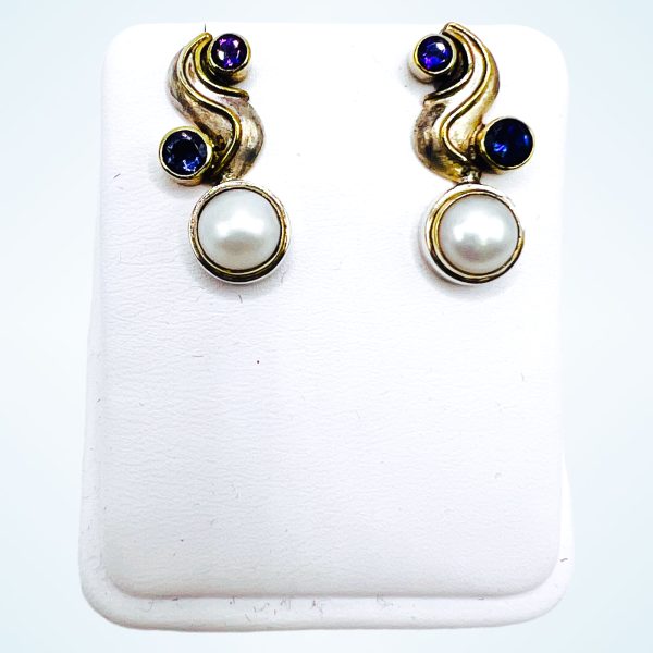 Sterling Silver Michon Design Post Drop Earrings w/Pearl/Iolite & Amethyst - Image 3