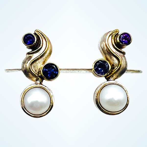 Sterling Silver Michon Design Post Drop Earrings w/Pearl/Iolite & Amethyst - Image 7