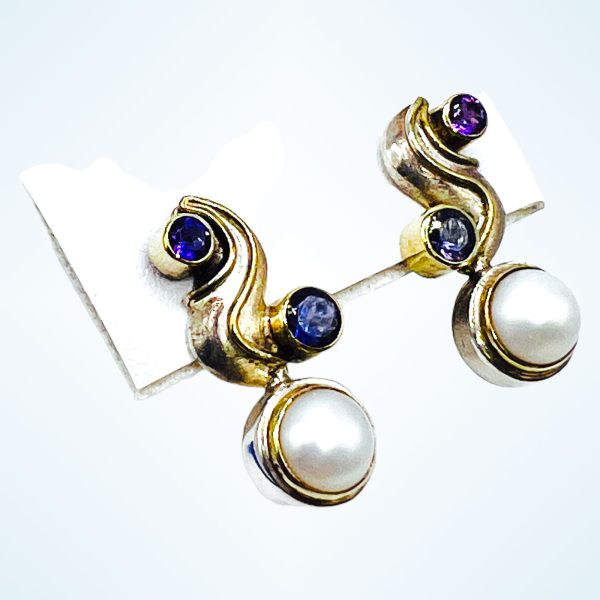 Sterling Silver Michon Design Post Drop Earrings w/Pearl/Iolite & Amethyst - Image 9