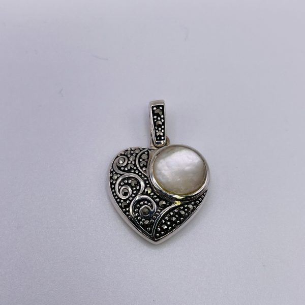 Sterling Silver Marcasite Mother of Pearl Pendant - Image 2