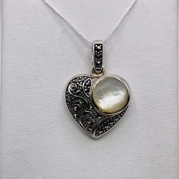 Sterling Silver Marcasite Mother of Pearl Pendant - Image 5