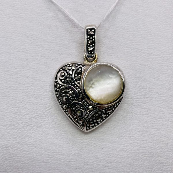 Sterling Silver Marcasite Mother of Pearl Pendant - Image 6