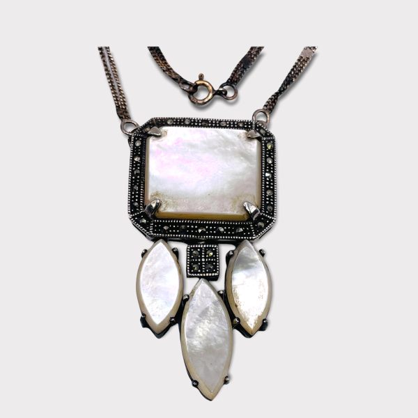 Sterling Silver Mother of Pearl Marcasite Necklace 70s - Image 3