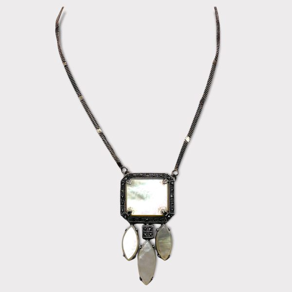 Sterling Silver Mother of Pearl Marcasite Necklace 70s - Image 6