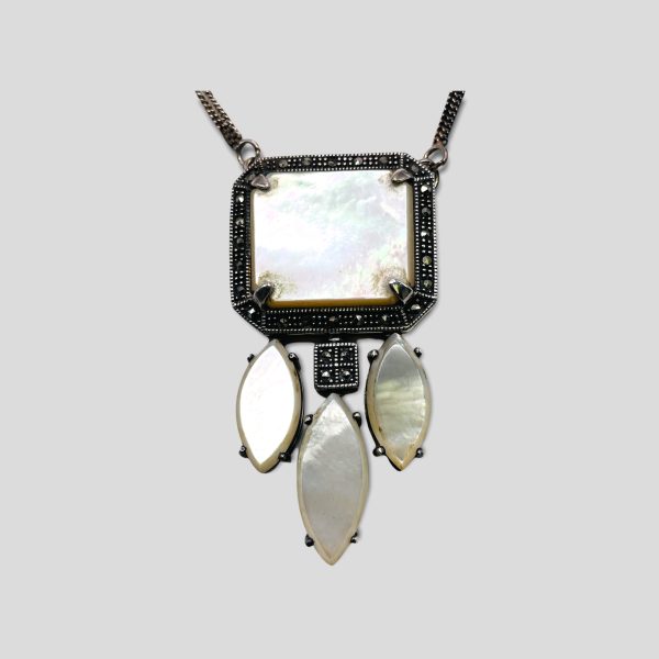 Sterling Silver Mother of Pearl Marcasite Necklace 70s - Image 7