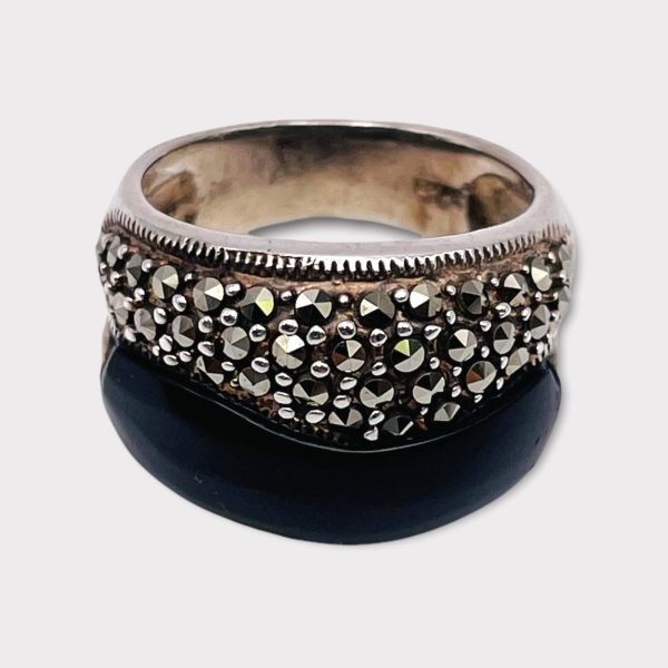 Sterling Silver Black Onyx Marcasite Band