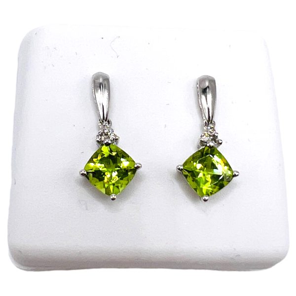 14k White Gold Peridot w/Diamonds Dangle Post Earrings - Image 2