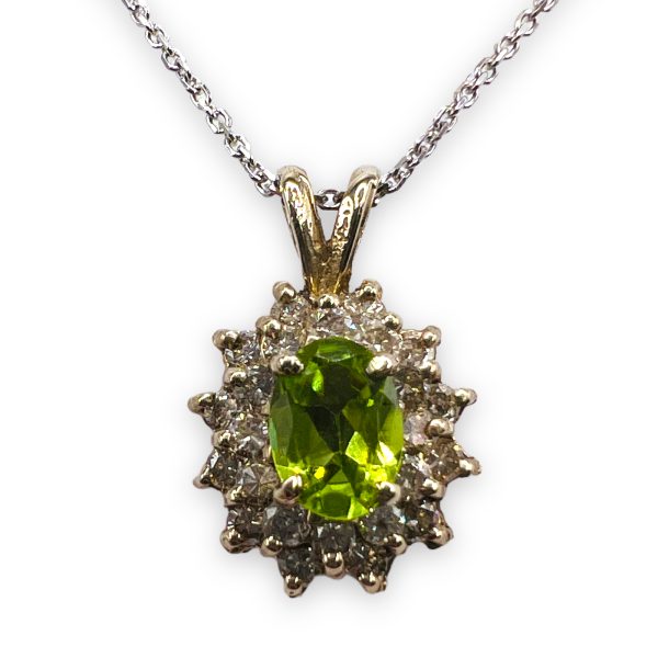 14k White Gold Natural Peridot w/Diamonds Pendant w/Chain 16" - Image 3