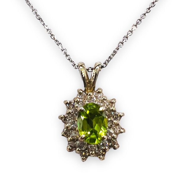 14k White Gold Natural Peridot w/Diamonds Pendant w/Chain 16" - Image 4