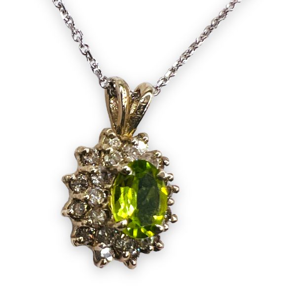 14k White Gold Natural Peridot w/Diamonds Pendant w/Chain 16" - Image 5