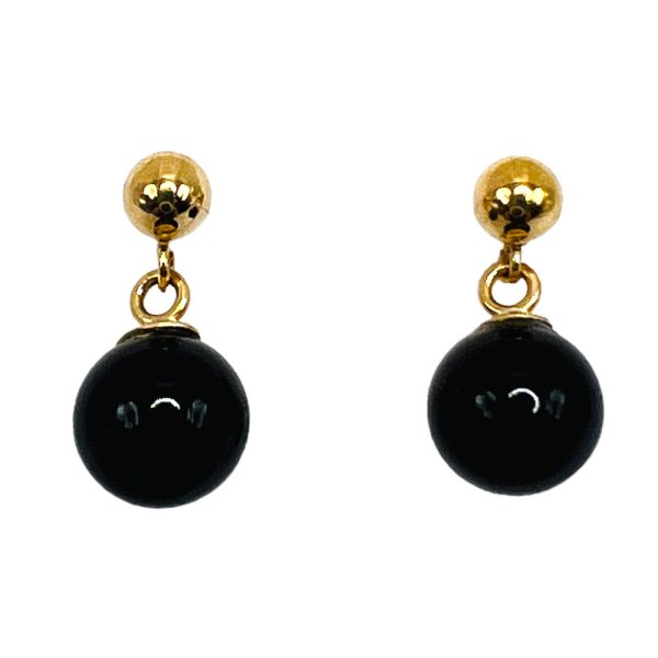 14k Yellow Gold  7mm Black Onyx Bead Dangle Earrings