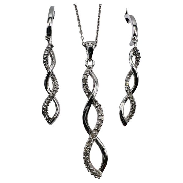 14k White Gold Diamond Earrings & Pendant Set Chain Necklace