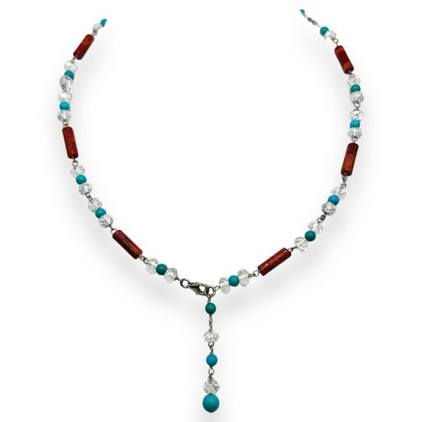 Sterling Silver Necklace Handmade with Coral, Turquoise & Faceted Crystal Beads 16" - 18"