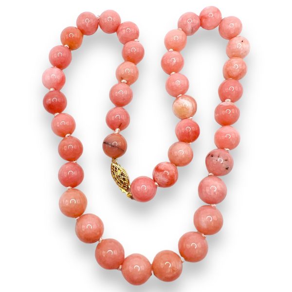 Hand Knotted Pink Peruvian Opal Beads 10-11mm Round Necklace 18"& Gold Plated Fish Hook Clasp