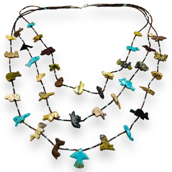 Native Zuni Carried Heishi Beads Animal Fetish 3 Strand Necklace with Multi Stone