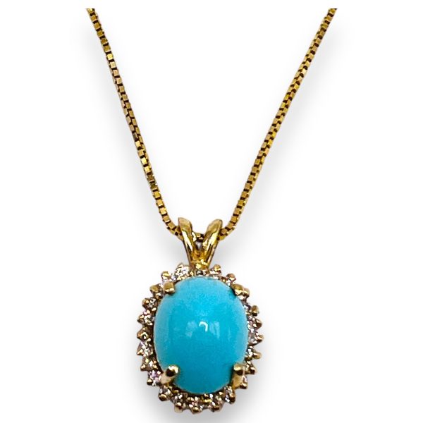 Genuine Persian Turquoise Diamond Halo Pendant Necklace 14k Gold