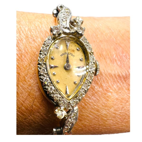 14k White Gold Ladies HAMILTON Diamond Accent Watch | Vintage Pre Owned - Image 6