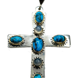 Religious faith jewelry. Men's silver gold turquoise moonstone cross