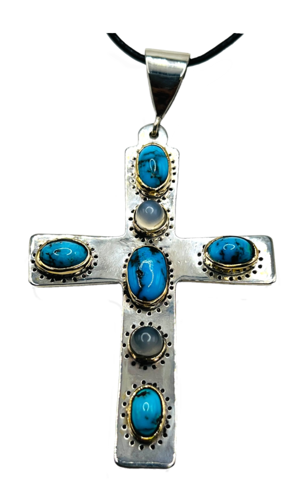 Religious faith jewelry. Men's silver gold turquoise moonstone cross