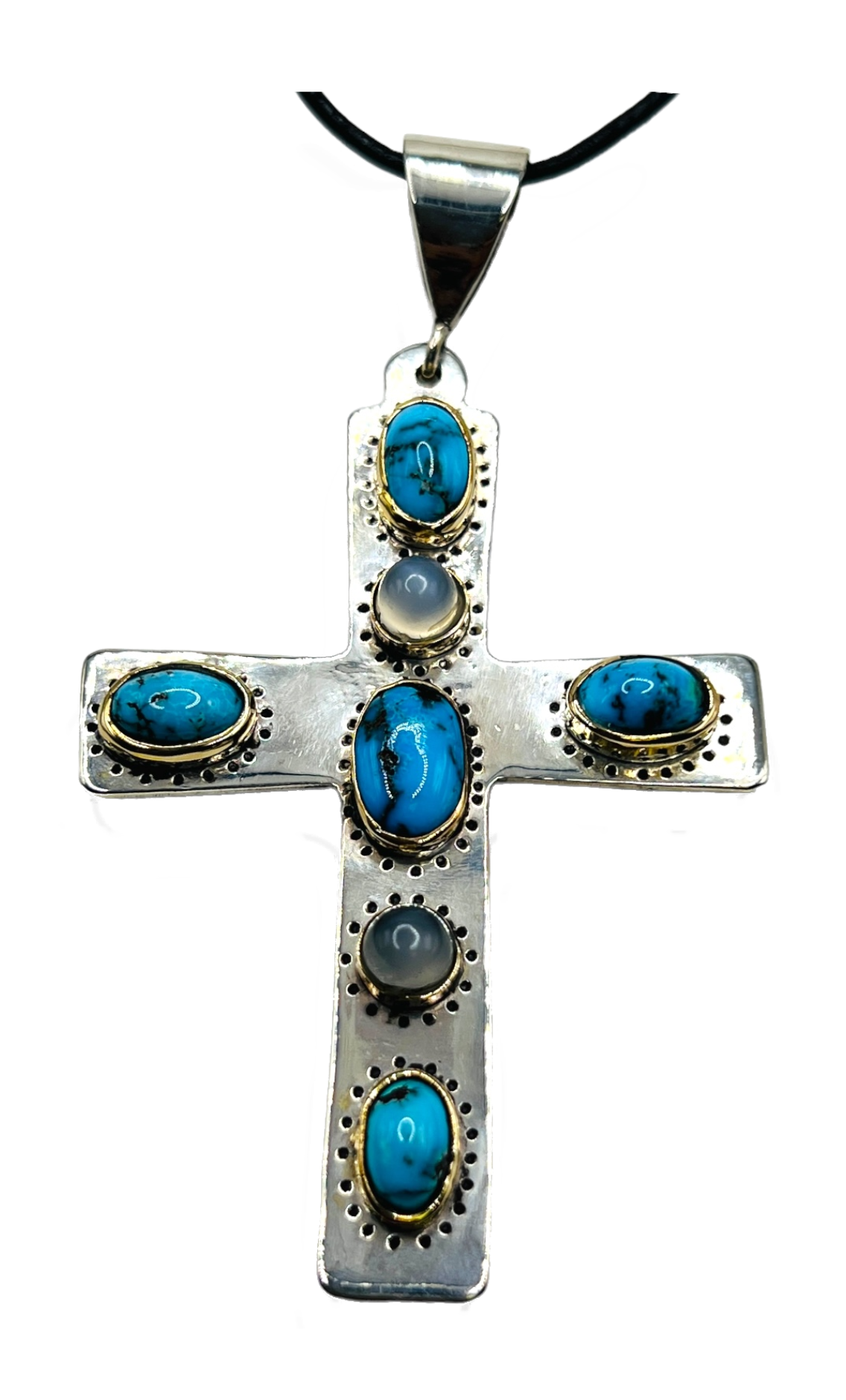 Religious faith jewelry. Men's silver gold turquoise moonstone cross