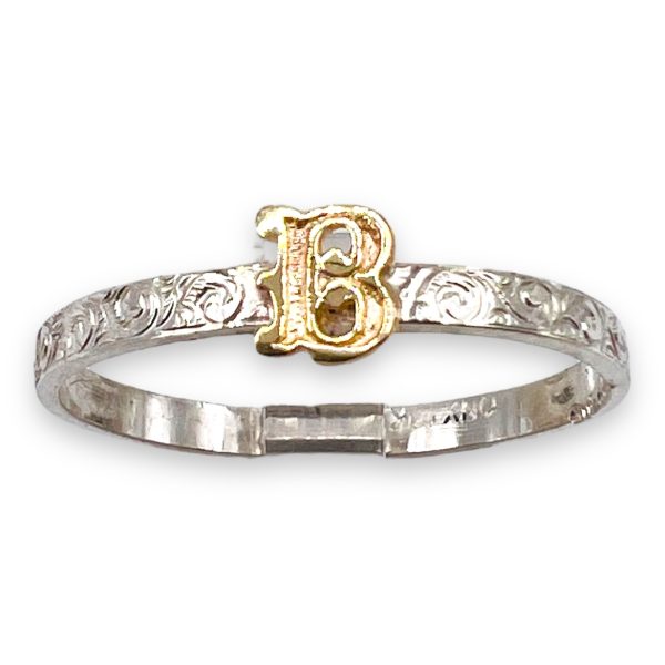 Letter ring with 10k solid gold monogram lettering B, 925 silver band. Two-tone.