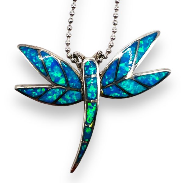 Sterling Silver Dragonfly Synthetic Opal Inlay Necklace