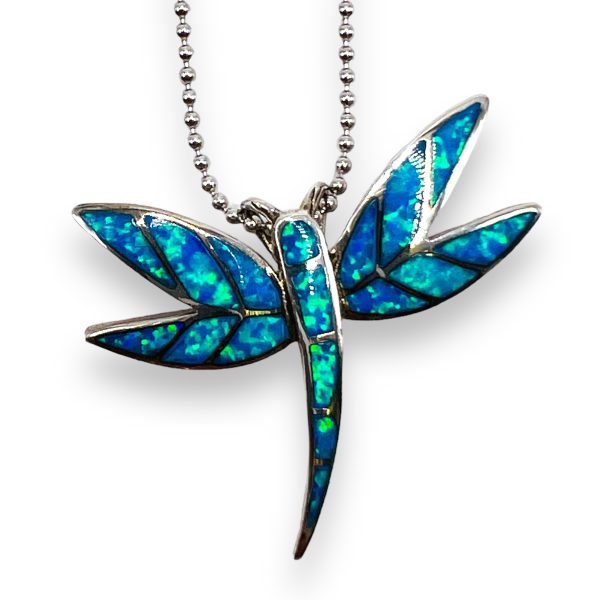 Sterling Silver Dragonfly Synthetic Opal Inlay Necklace - Image 4