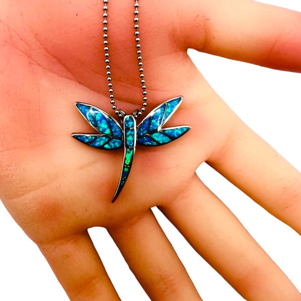 Sterling Silver Dragonfly Synthetic Opal Inlay Necklace - Image 6