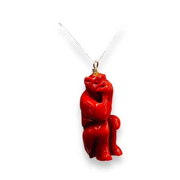 Genuine Italian Red Coral Monkey Sculptured Pendant - Image 3