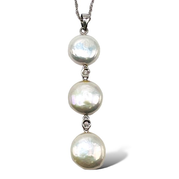 14k White Gold Flat Disc Pearl & Diamond Accent Necklace - Image 5