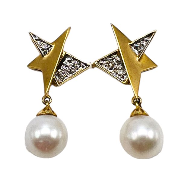 14k Yellow Gold Star Pearls Diamonds Post Earrings