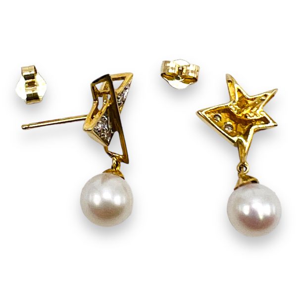 14k Yellow Gold Star Pearls Diamonds Post Earrings - Image 2